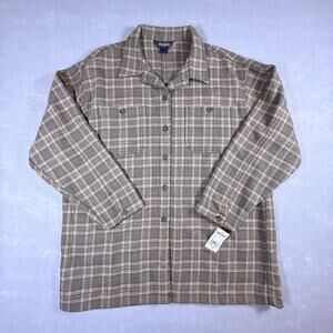 NWT vtg womens Woolrich wool shirt jacket - shacket camping plaid tan blue sz L